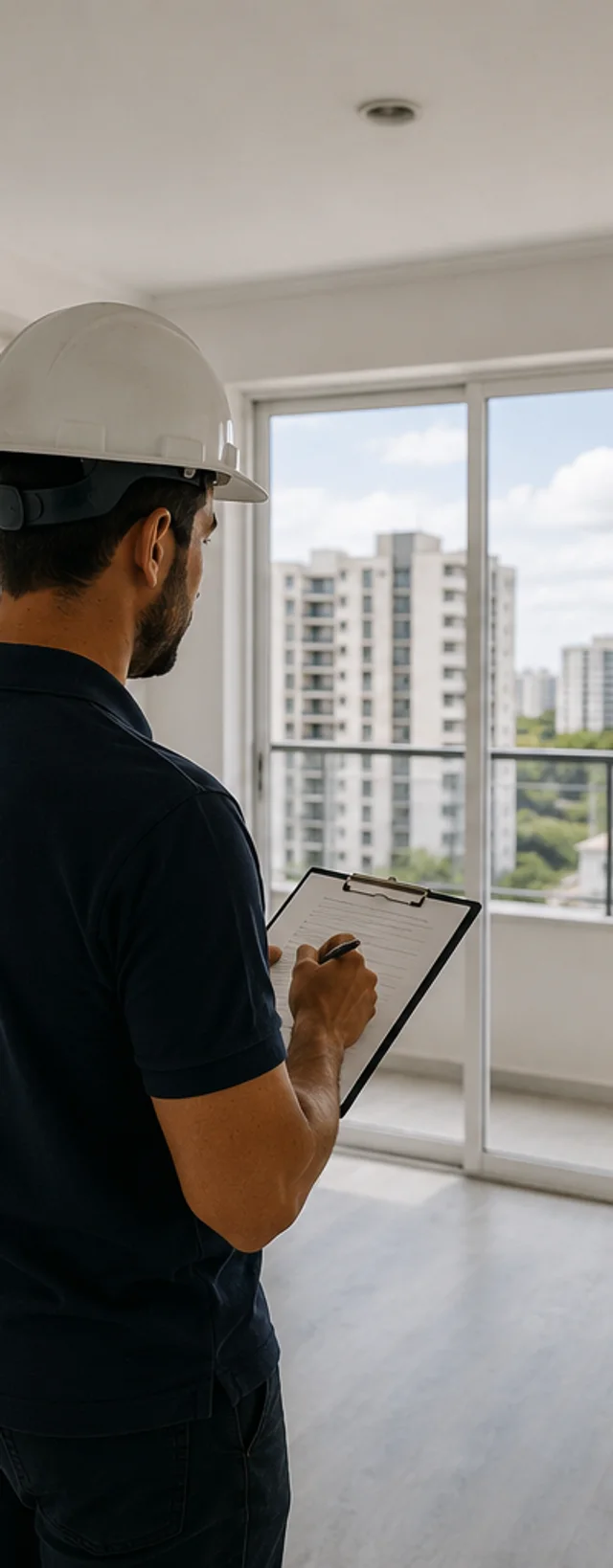Engenheiro vistoriando um apartamento com prancheta