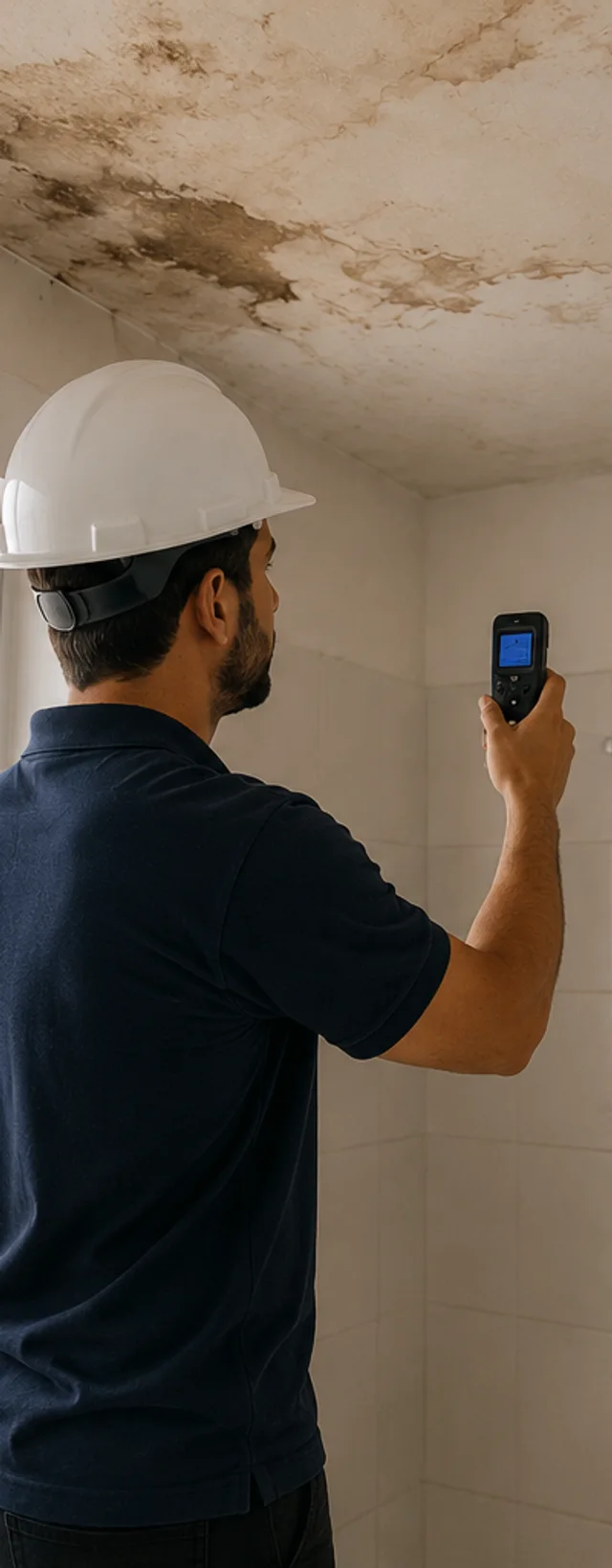 Engenheiro medindo umidade em infiltração no teto