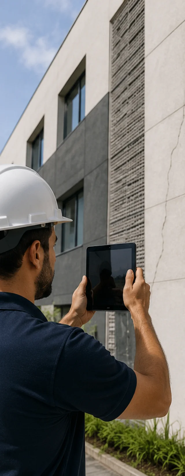 Engenheiro inspecionando a fachada de um prédio com fissura