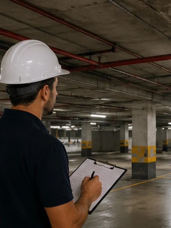 Engenheiro em inspeção predial na garagem do edifício